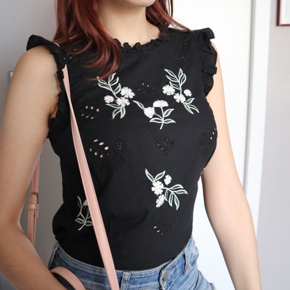 Embroidered Flowers Black Ruffled Shirt - Picture 2 of 6